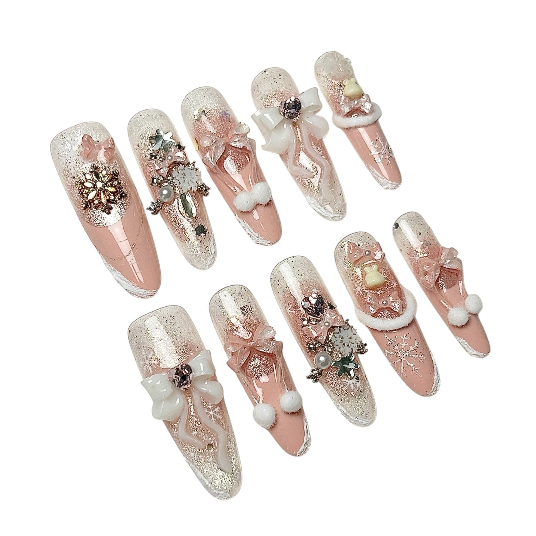 Blush Snow Bows pink winter press-on nails with 3D bows, snowflakes and pearls by Poppy Nails