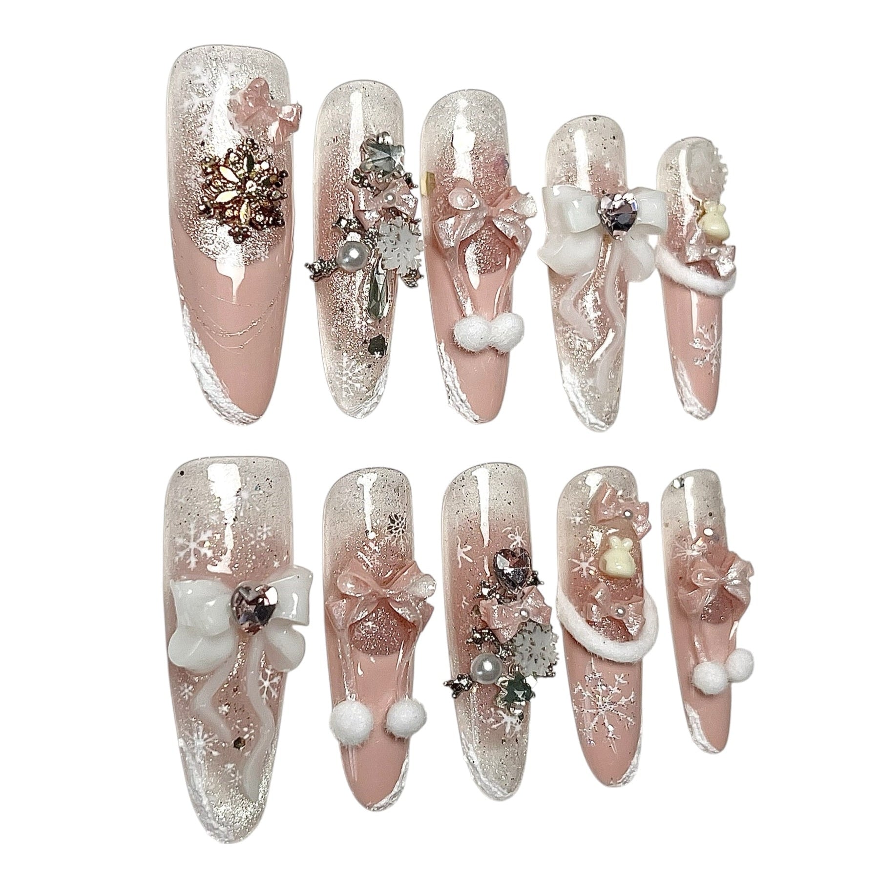 Blush Snow Bows pink winter press-on nails with 3D bows, snowflakes and pearls by Poppy Nails