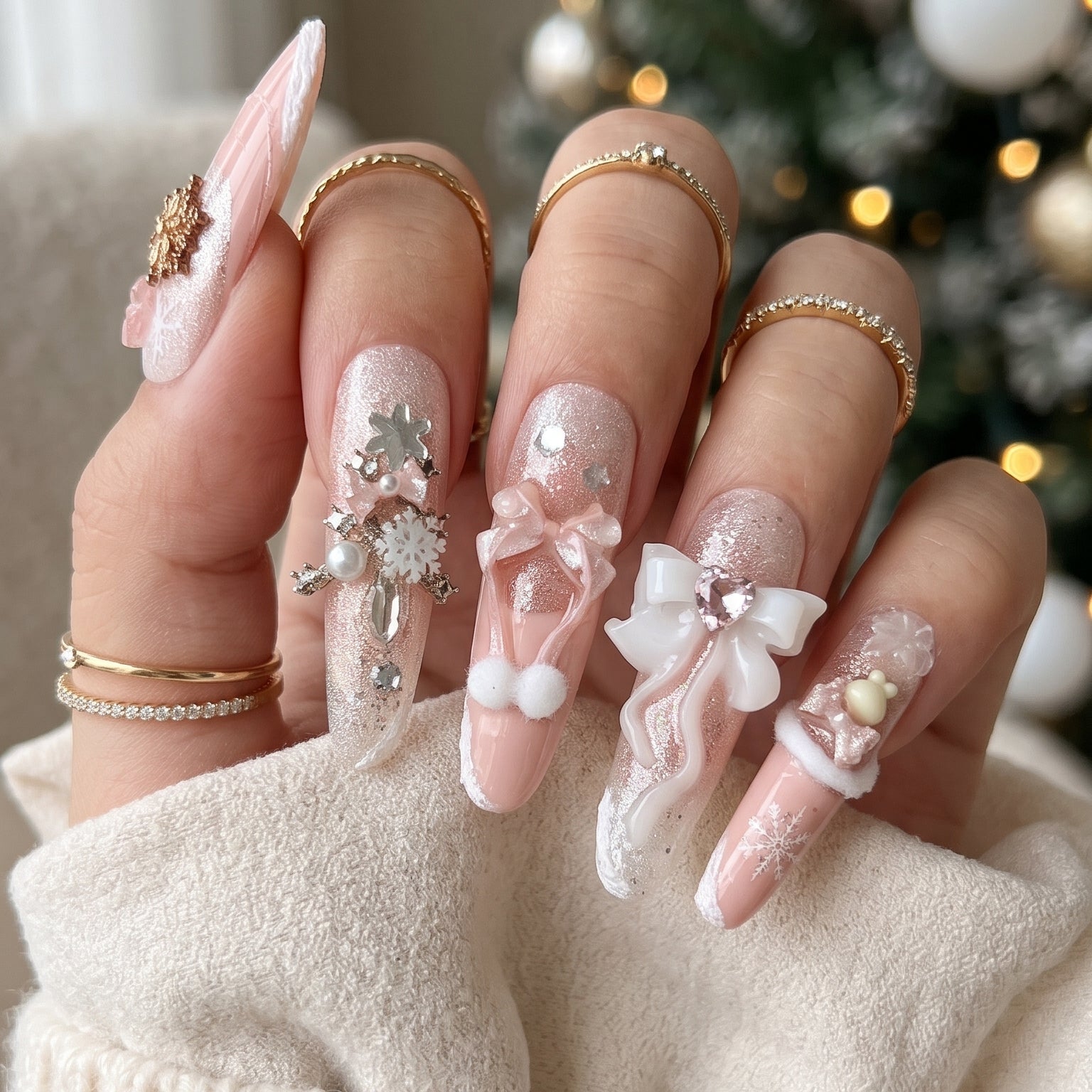 Long stiletto pink and white press-on nails worn on hand
