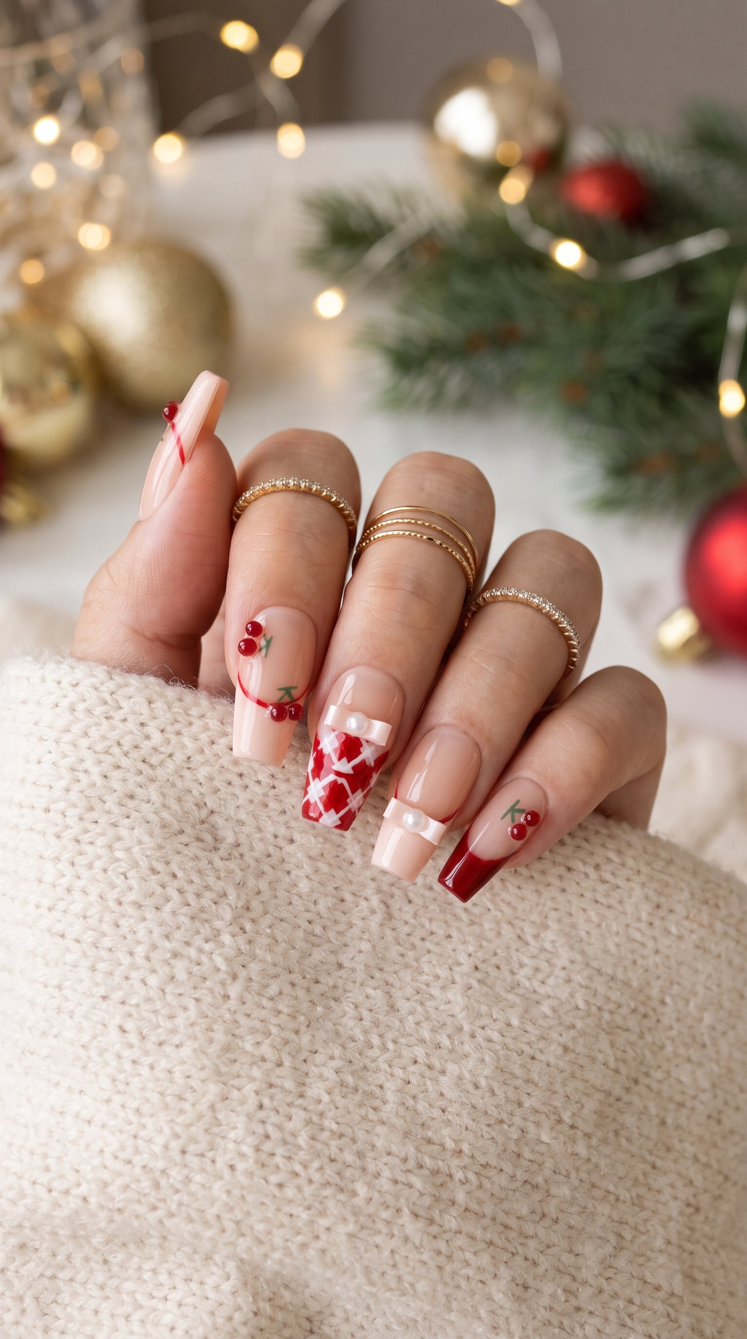 Cherry Ribbon Kiss red and nude pink press-on nails worn on hand, featuring long coffin nails with 3D cherries, pearl ribbon bows, plaid French tips, and sweet coquette nail art.