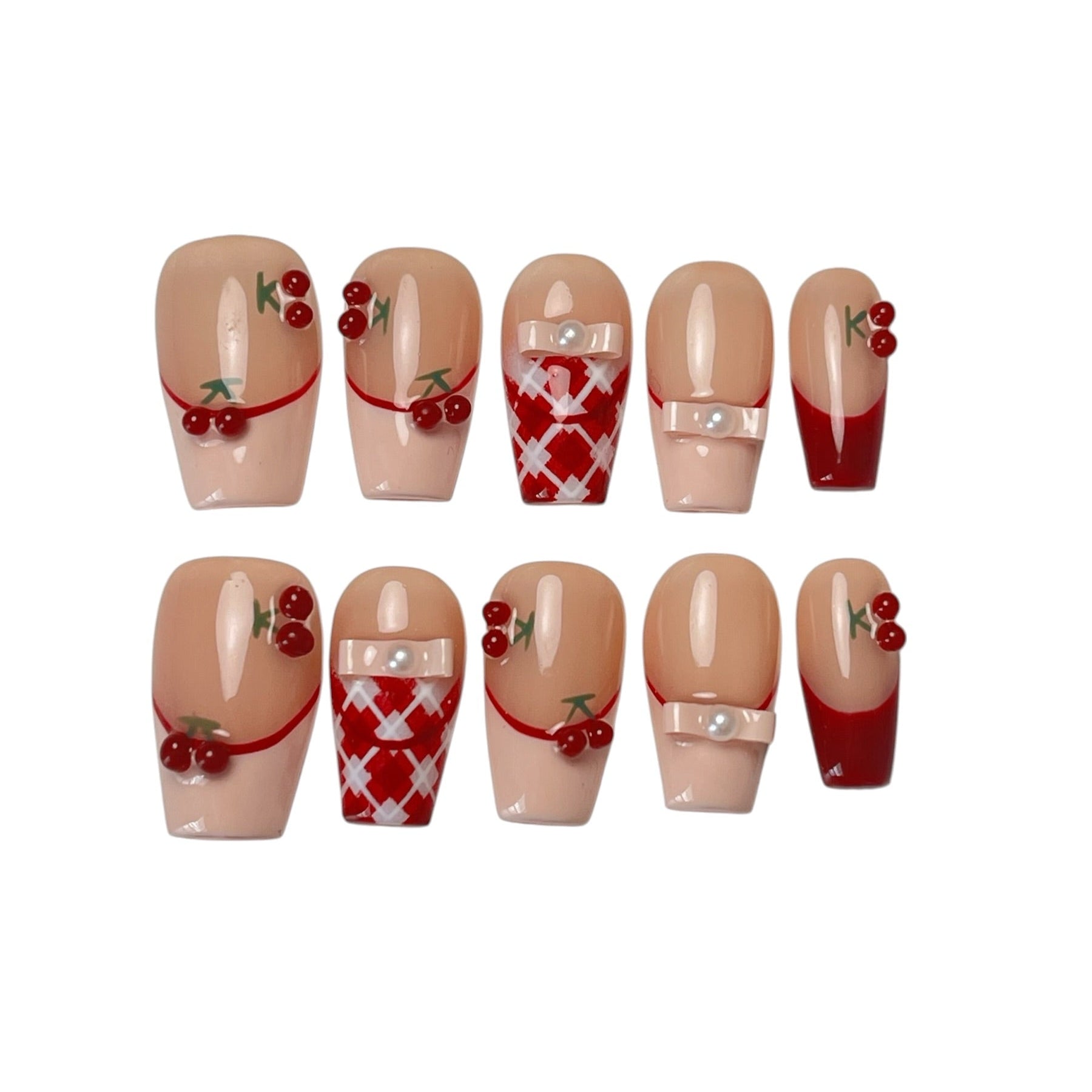 Cherry Ribbon Kiss long coffin press-on nail set featuring cherry red and nude pink French tips, 3D cherry charms, pearl bows, red-and-white plaid patterns, and glossy finishes.