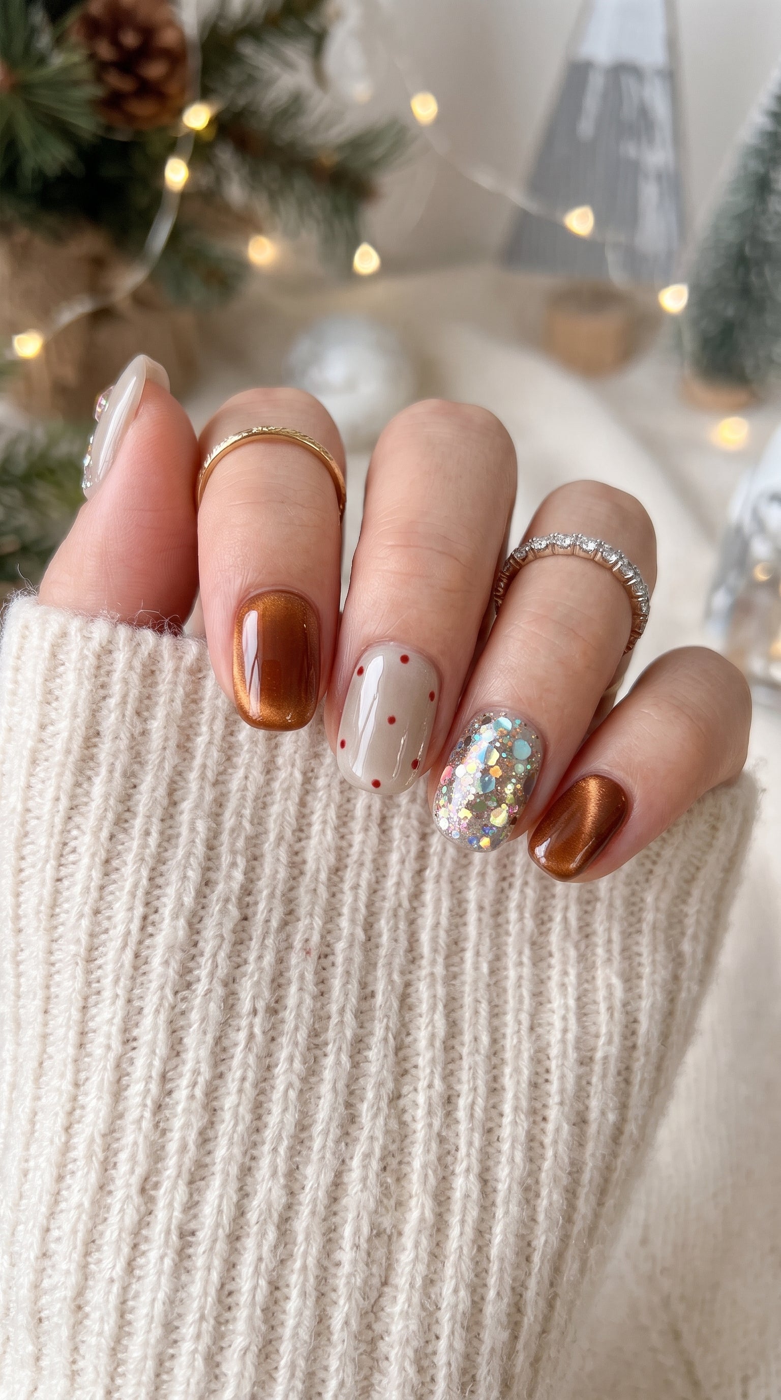 Cocoa & Twinkle short oval Christmas press-on nails worn on hand, featuring chocolate brown chrome, cream white nails, red polka dots, a glittery Christmas tree, and sparkling silver confetti.