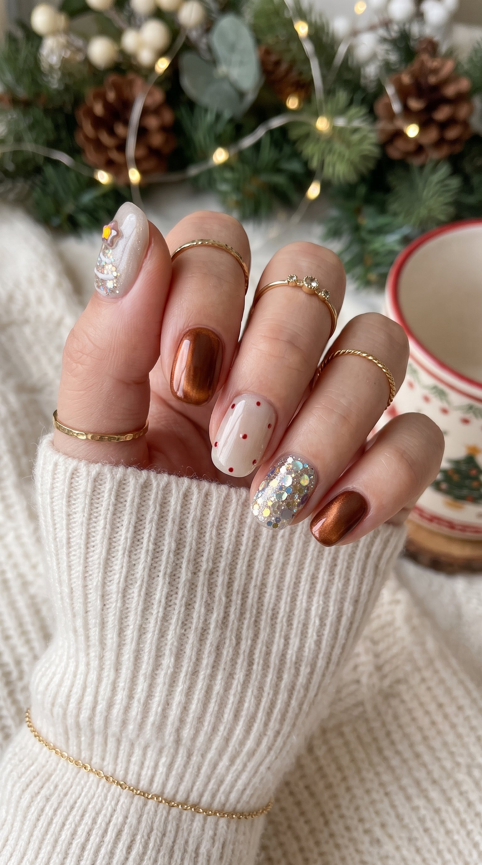 Cocoa & Twinkle short oval Christmas press-on nails worn on hand, featuring chocolate brown chrome, cream white nails, red polka dots, a glittery Christmas tree, and sparkling silver confetti.