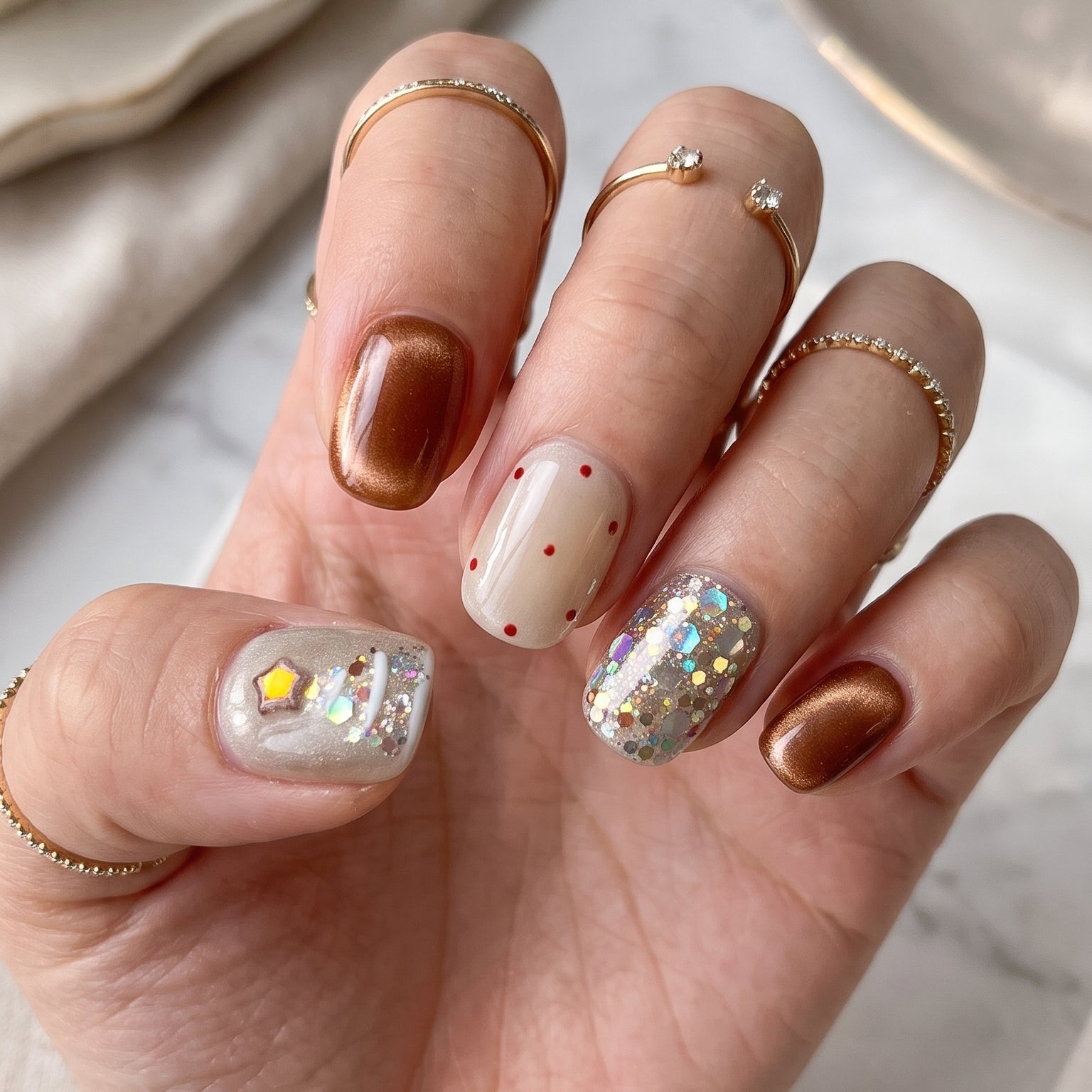 Cocoa & Twinkle short oval Christmas press-on nails worn on hand, featuring chocolate brown chrome, cream white nails, red polka dots, a glittery Christmas tree, and sparkling silver confetti.