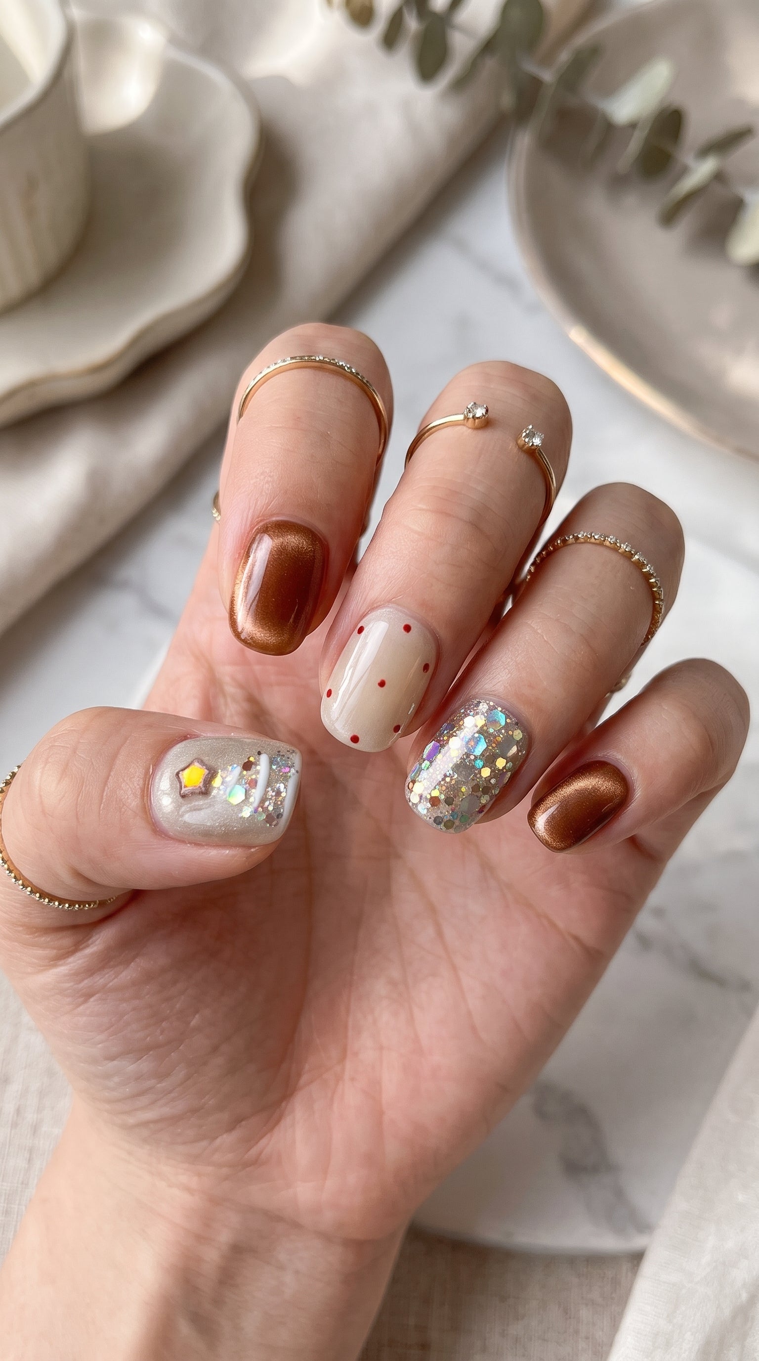 Cocoa & Twinkle short oval Christmas press-on nails worn on hand, featuring chocolate brown chrome, cream white nails, red polka dots, a glittery Christmas tree, and sparkling silver confetti.