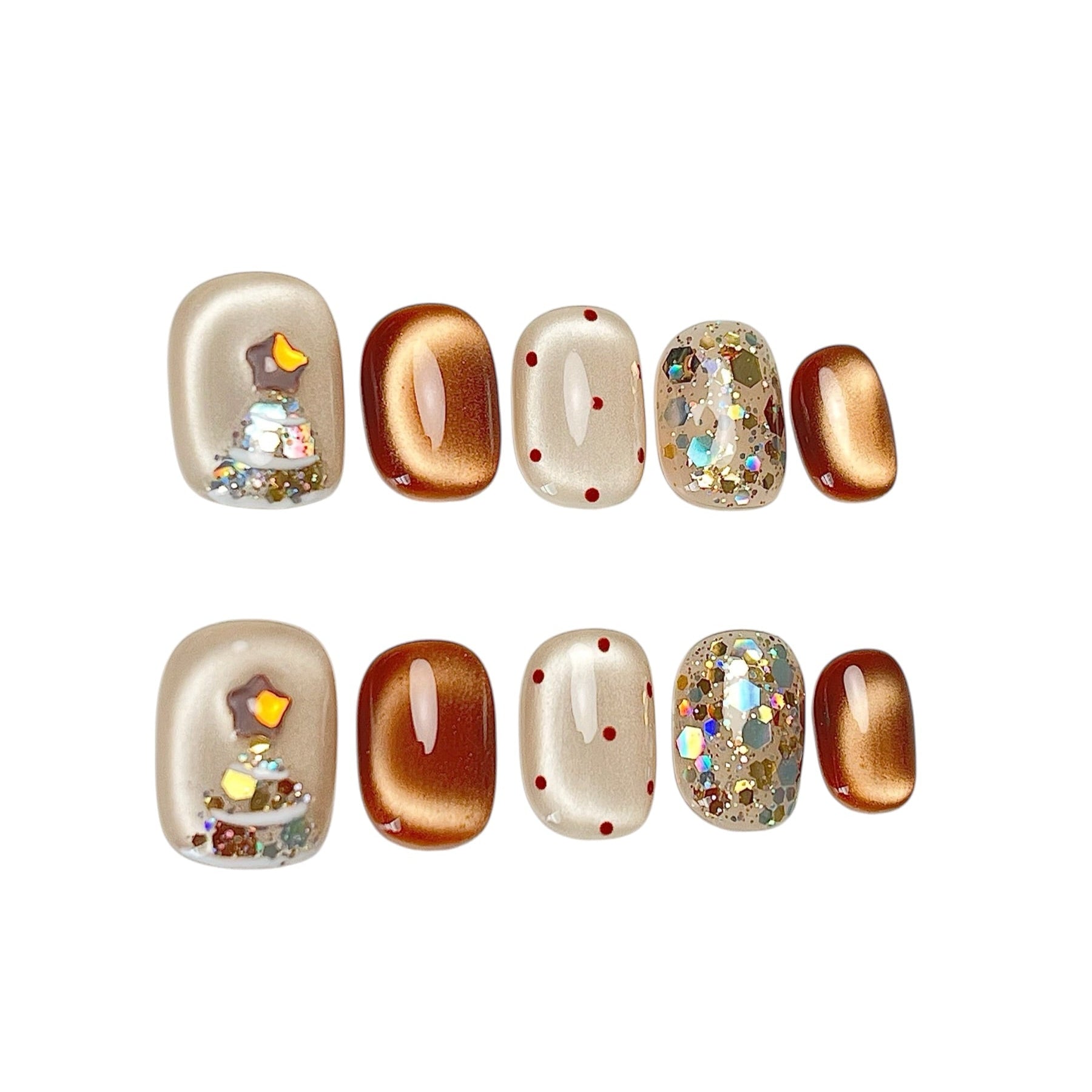 Cocoa & Twinkle short oval press-on nail set featuring metallic cocoa brown, creamy ivory, red polka dots, a sparkling Christmas tree design, and iridescent silver glitter accents.