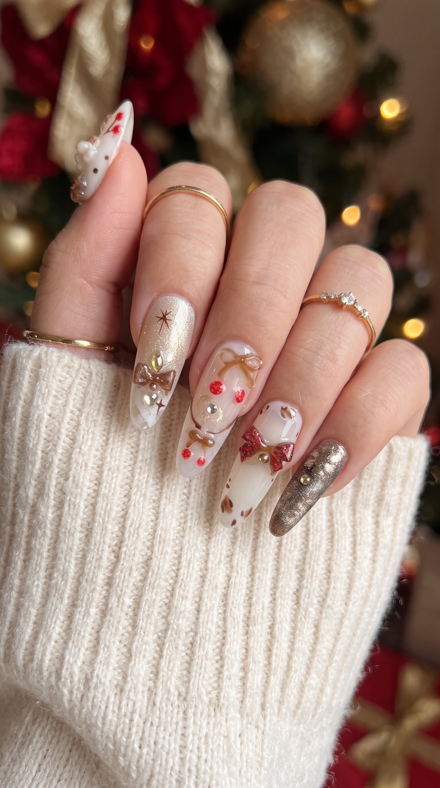Gingerbread Wishes Christmas press-on nails worn on hand, featuring long almond nails with gingerbread designs, gold glitter, 3D bows, red accents and cozy winter nail art.