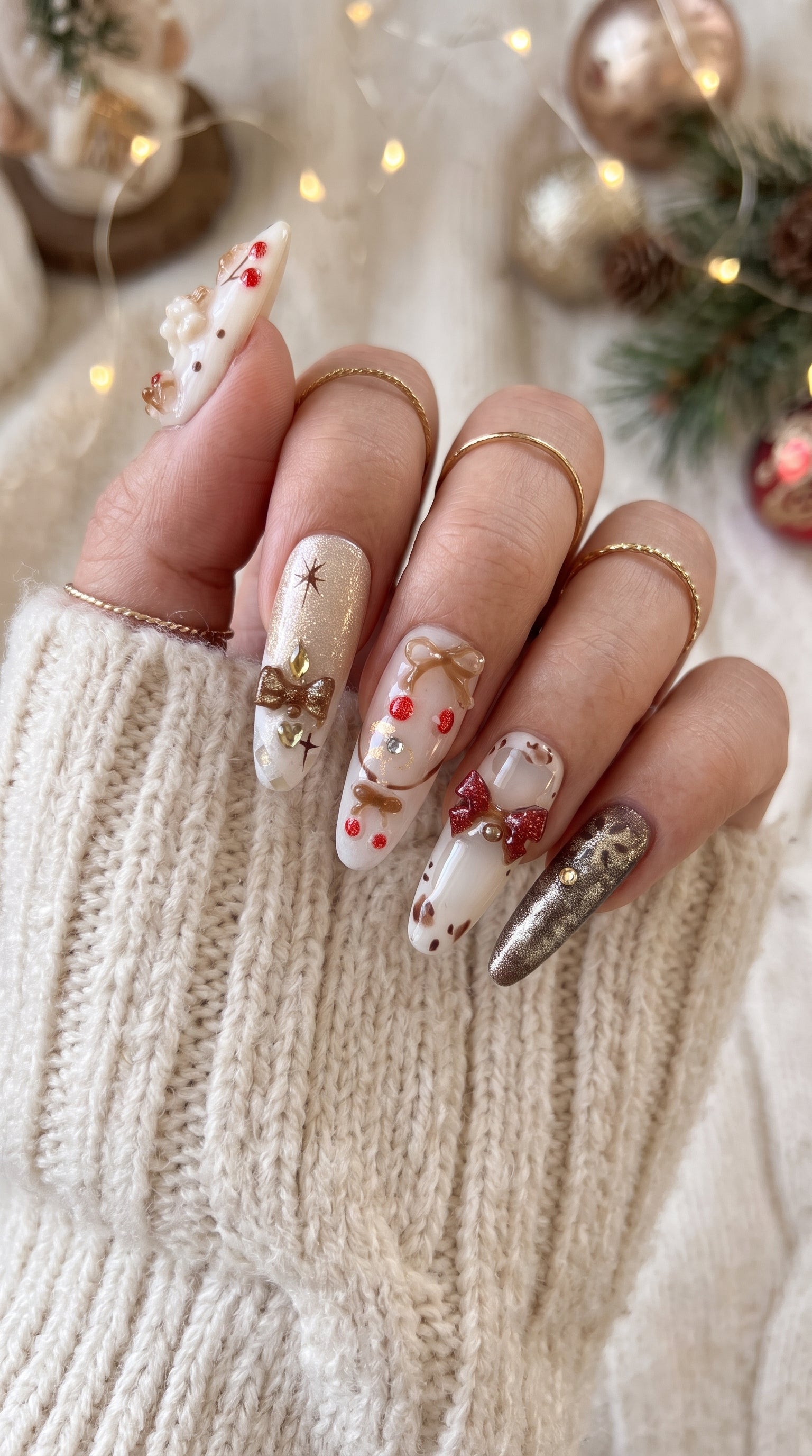 Gingerbread Wishes Christmas press-on nails worn on hand, featuring long almond nails with gingerbread designs, gold glitter, 3D bows, red accents and cozy winter nail art.