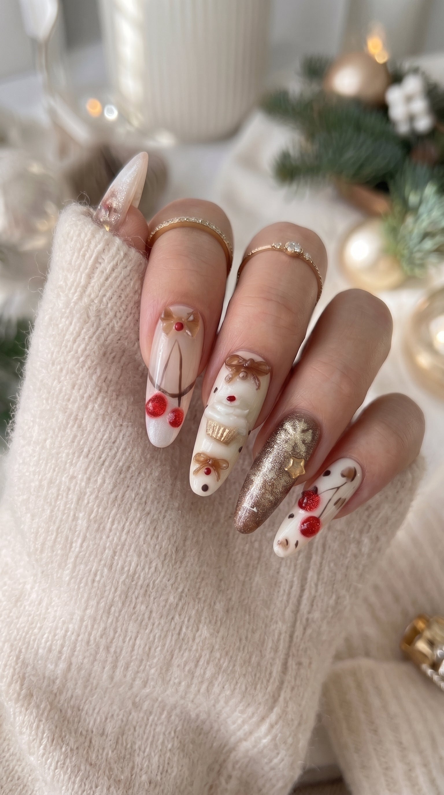 Gingerbread Wishes Christmas press-on nails worn on hand, featuring long almond nails with gingerbread designs, gold glitter, 3D bows, red accents and cozy winter nail art.