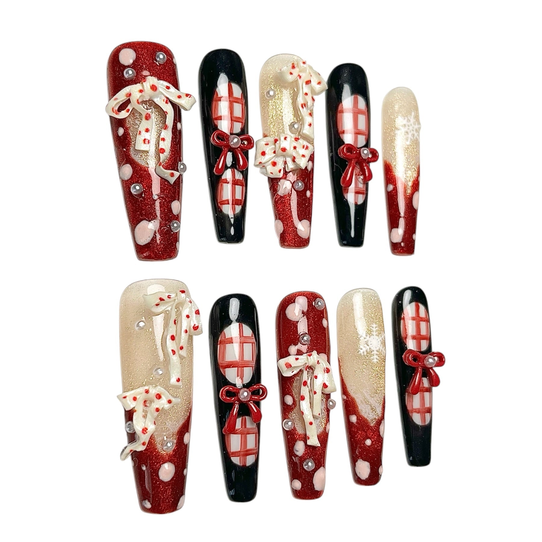 Midnight Candy Bows long coffin Christmas press-on nail set featuring glossy black, glittery red, 3D candy cane charms, red ribbon bows, plaid patterns and snowflake accents.