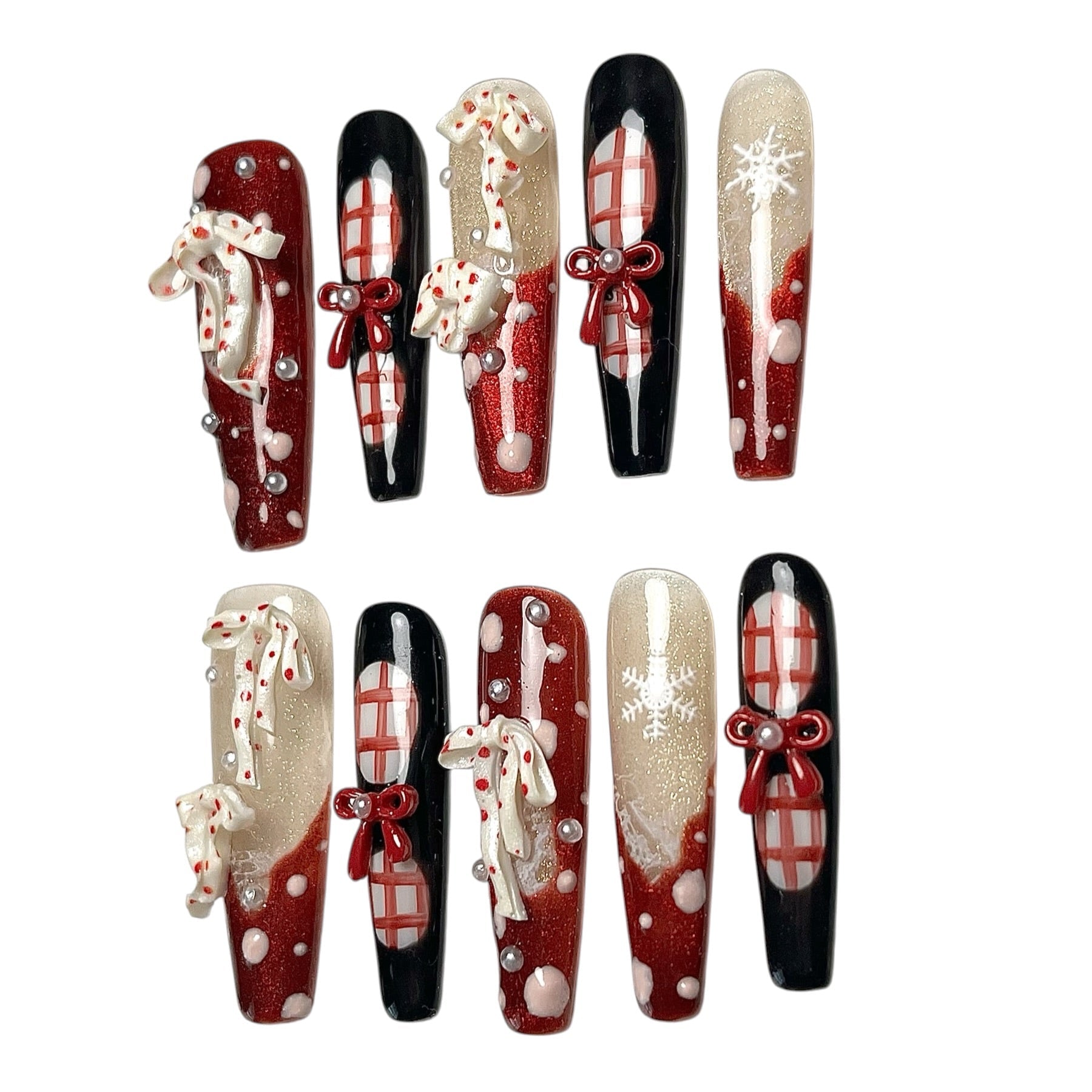 Midnight Candy Bows long coffin Christmas press-on nail set featuring glossy black, glittery red, 3D candy cane charms, red ribbon bows, plaid patterns and snowflake accents.
