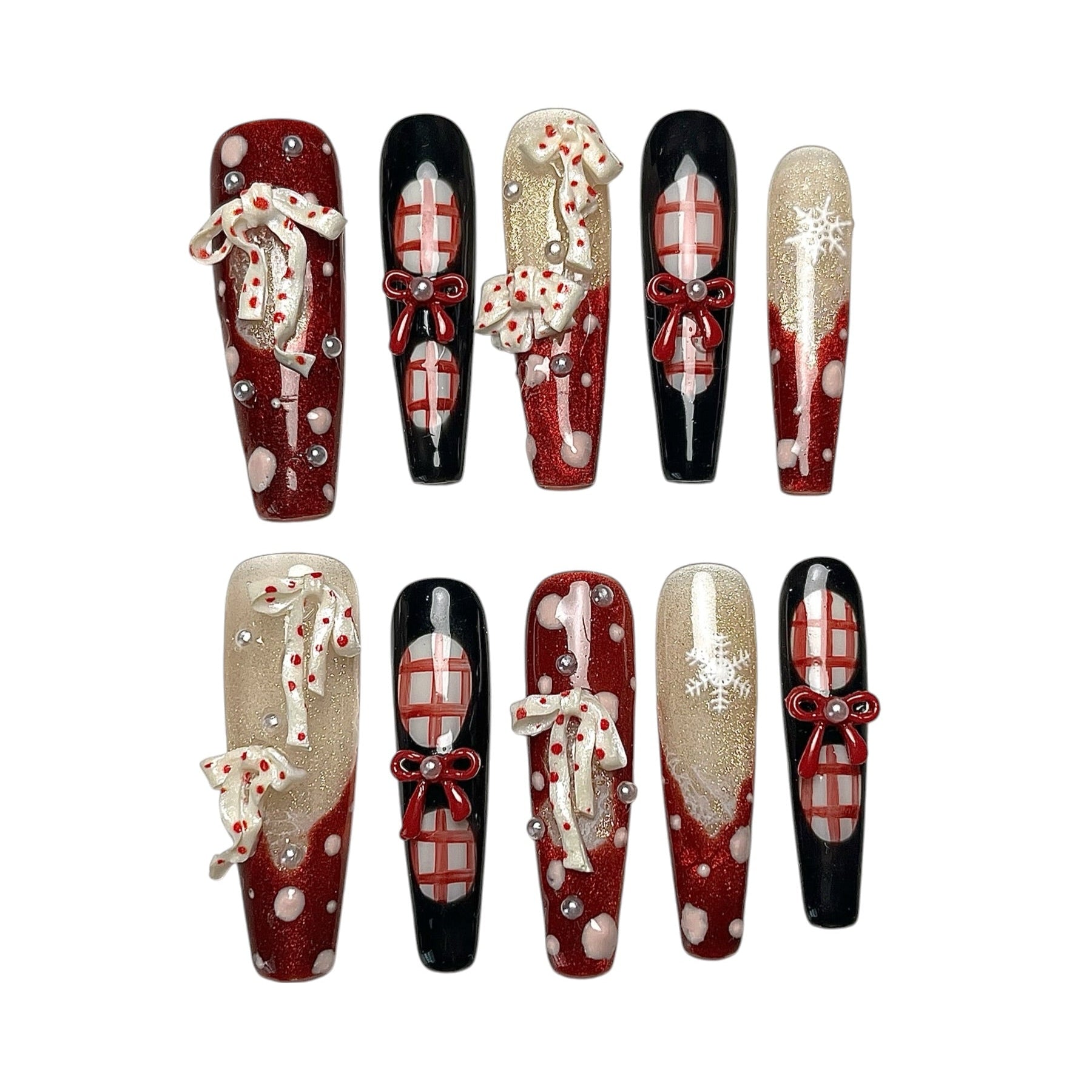 Midnight Candy Bows long coffin Christmas press-on nail set featuring glossy black, glittery red, 3D candy cane charms, red ribbon bows, plaid patterns and snowflake accents.